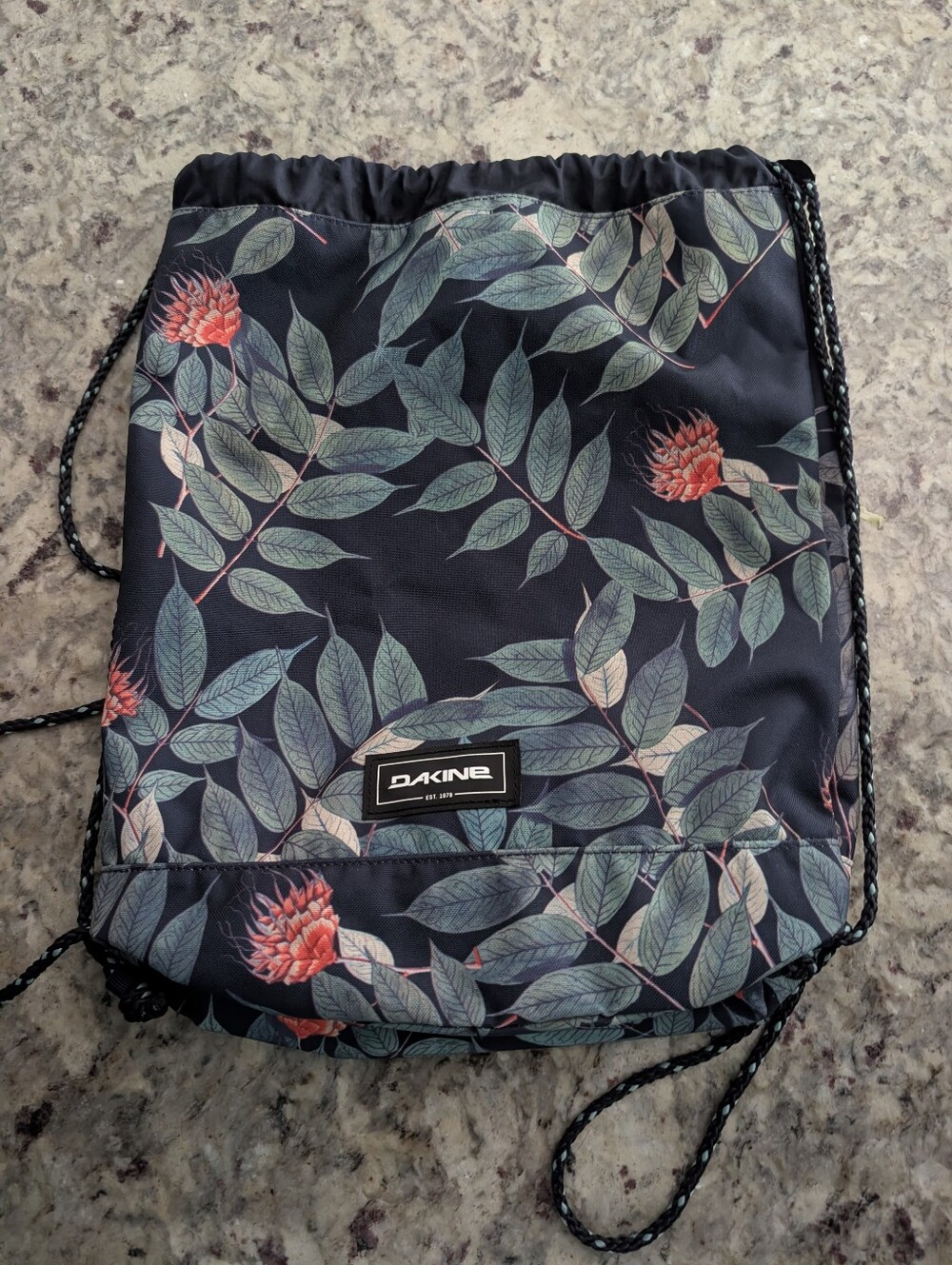 Dakine Navy Leaf Print Drawstring Backpack with Coral Blooms